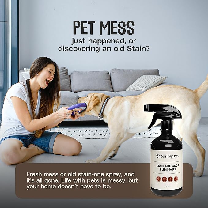 Purity Paws Pet Stain & Odour Remover – Fast-Acting Enzyme Cleaner for Dog & Cat Urine, Feces & Vomit – Pet Safe Odor Eliminator for Carpet, Upholstery, Car, Bedding, Tiles – Puppy Essentials – 500ml