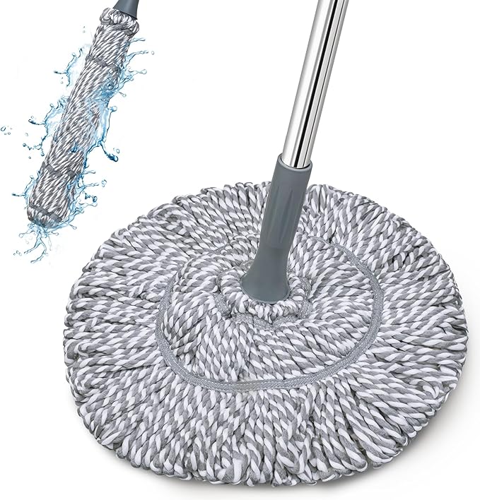 Self-Wringing Twist Mop for Floor Cleaning, Long Handled Microfiber Floor Mop with Top Scouring Pad for Kitchen, Hardwood, Restaurant, Bathroom, Garages, Warehouses, Office, 64-inch , Grey