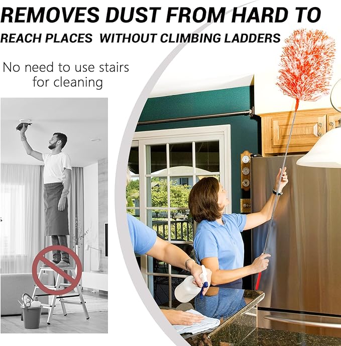 Extendable 20-49inches Microfiber Feather Duster with 3pcs Replaceable Bendable Heads, Extra Long Duster for Cleaning, Electrostatic Dust Remove for Ceiling, Fan, Window, Bookshelves(Orange)
