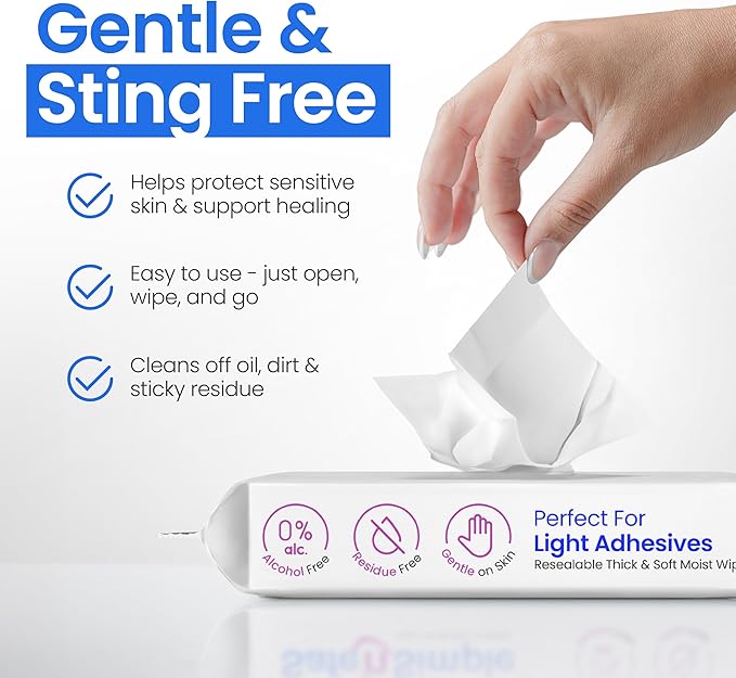Safe n’ Simple Resealable Adhesive Remover Wipes for Skin - 50 Large 5"x7" No Sting Alcohol Free Medical Adhesive Remover Pads for Ostomy, Stoma Care - Gentle Adhesive Removal Wipes for Bandages, Tape