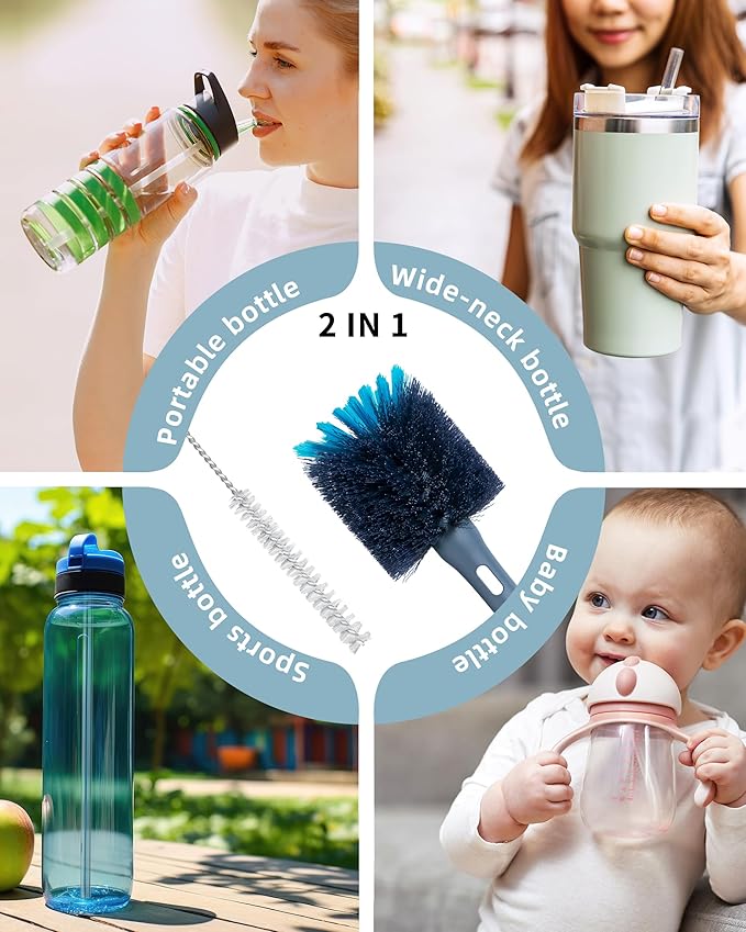 2in1 Bottle Scrubbing Brush with Straw Brush has Long and Comfortable Handle, Cleaning Glass, Sports Bottle, Coffee Mug,1 Pack, Grayish Blue