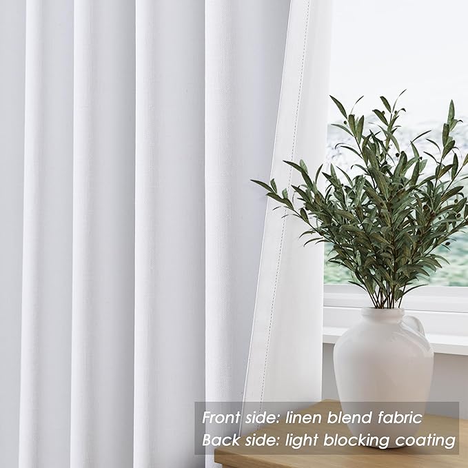 White Linen Blackout Curtains 84 Inches Long 2 Panels for Living Room Back Tab Modern Cotton Textured Pure White Black Out Curtains Heating Blocking Linen Curtain Panels for Bedroom Nursery Kids