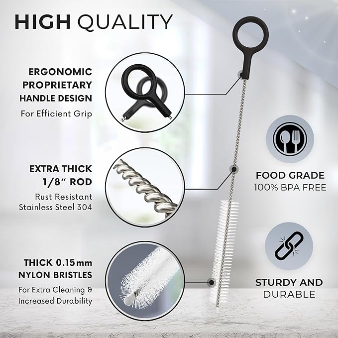 Buenalife Heavy Duty Cleaning Brushes Set of 4 - Extra Long Straw Cleaners for Metal and Plastic Reusable Drinking Straws, to Clean Small Spaces, Sippy Cups, Water Bottles - Sturdy Hard Brush Bristles