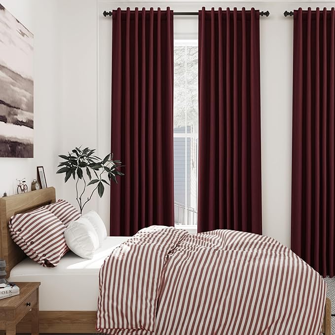 Nanspring Burgundy Linen Blackout Curtains 108 Inches Long Loop Pocket Rod Pocket Flax Linen Sound Absorbing Light Blocking 2 Panels Set for Dining Room Modern Urban Curtains Drapes 52x108