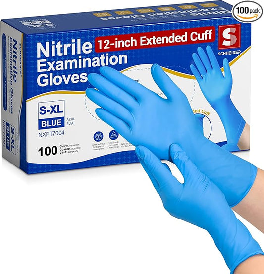 Schneider Nitrile Exam Gloves, Extended 12 Inches Cuff, Large, 4 mil, 100-ct Box, Gloves Disposable Latex Free, Powder Free for Medical, Food Prep, Cleaning, Cooking, Blue