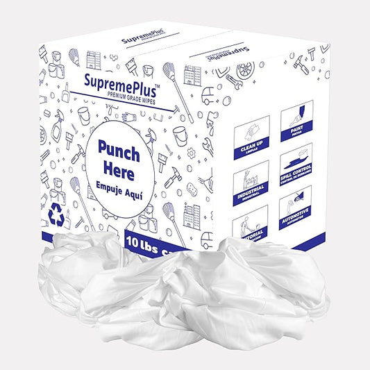 SupremePlus Recycled White Sheeting Cleaning Rags (10 lbs. Box) – Lint Free White Cotton Cloths for Manufacturing | Automotive | Janitorial | Shop Rags Bulk - Multipurpose