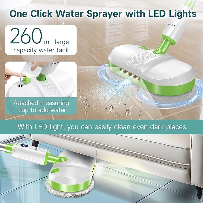 AlfaBot Cordless Electric Mop for Floor Cleaning, Dual Spin Mop with LED Headlight /Water Spray/Self-Propelled,Clean up to 2700 ft²,Rechargeable Electric Mops with Big Water Tank for Multi Floors