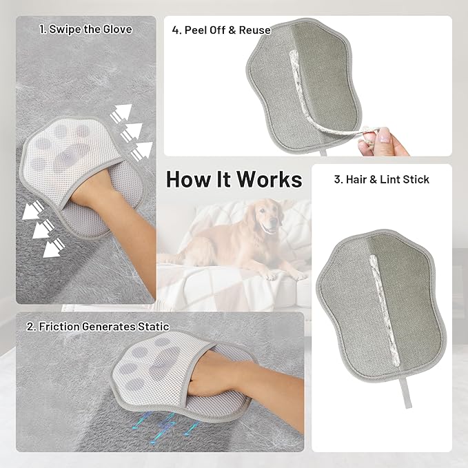 HASSLICKIT Paw-Shaped Pet Hair Removal Glove – Electrostatic Cat & Dog Hair Remover for Furniture, Clothes, Carpet & Car Seats – Cute Reusable Multi-Surface Lint & Fur Removal Tool (Grey)