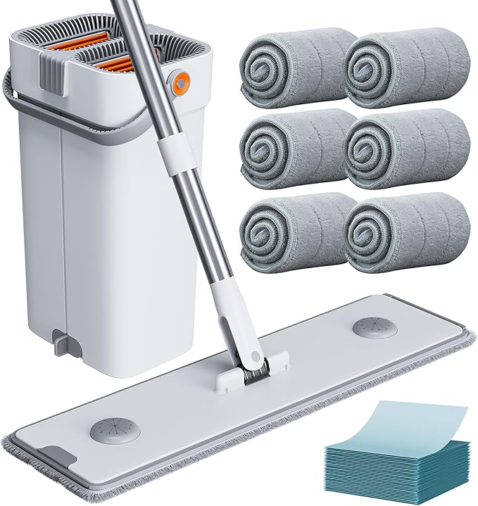 CTIME Large Mop and Bucket Set, Flat Mop and Bucket System, Wall Mop with Adjustable Handle (Max 74 Inches), Mops for Floor Cleaning, 6 Washable 15.74'' Microfiber Mop Pads