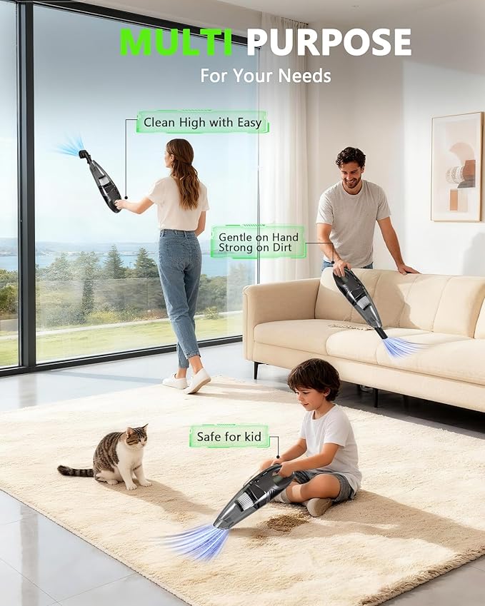 Jeagfen Handheld Vacuum Cordless, 11KPA Strong Suction & 25 Mins Runtime Brushless Motor, Rechargeable Car Vacuum Cleaner with 2 HEPA Filter/Multi-Accessories/Lightweight, for Home/Car/Office Cleaning