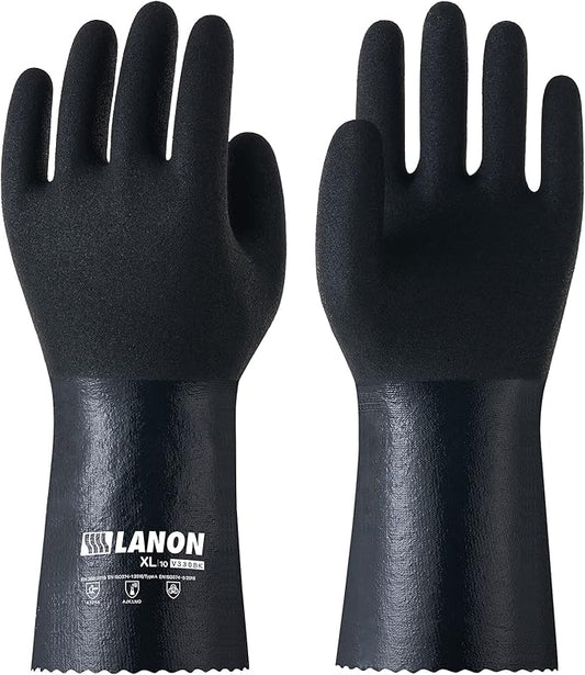 LANON Nitrile Chemical Resistant Gloves, Reusable Heavy-Duty Rubber Gloves with MicroFoam Textured Palm, Acid, Alkali and Oil Protection, Black, XL