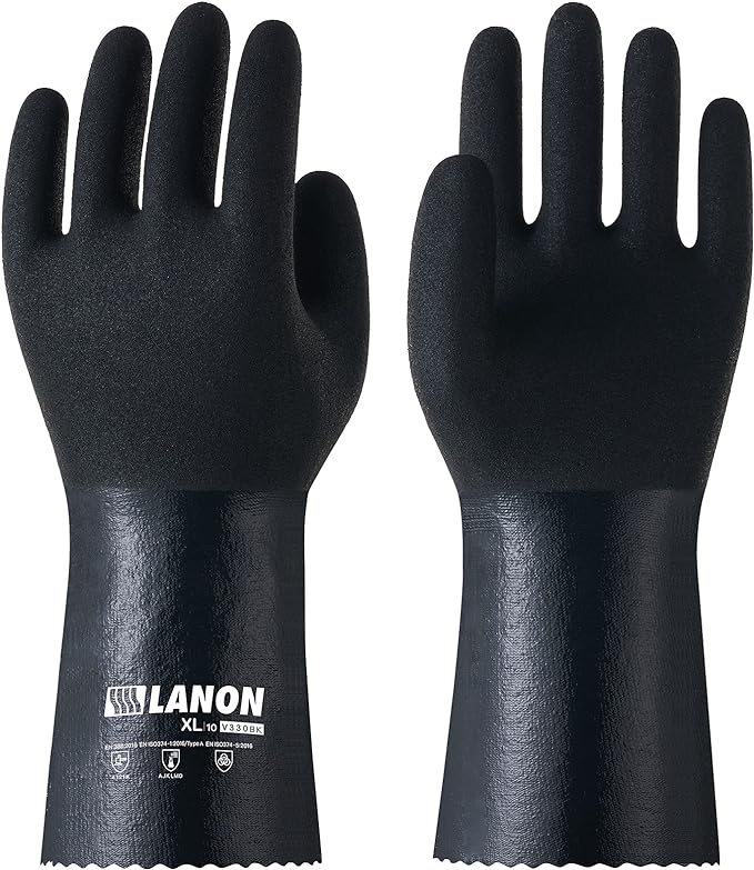 LANON Nitrile Chemical Resistant Gloves, Reusable Heavy-Duty Rubber Gloves with MicroFoam Textured Palm, Acid, Alkali and Oil Protection, Black, Large