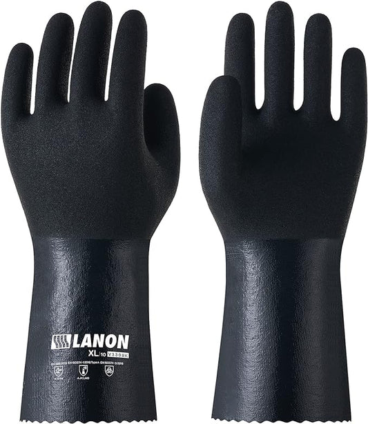 LANON Nitrile Chemical Resistant Gloves, Reusable Heavy-Duty Rubber Gloves with MicroFoam Textured Palm, Acid, Alkali and Oil Protection, Black, Large