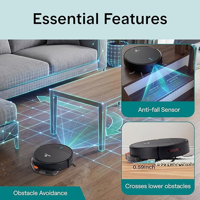 SereneLife Smart Robot Vacuum Cleaner and Mop Combo, App Control, 3 Cleaning Modes, Anti-Fall Sensors, Self-Charging, High Suction Ideal for Pet Hair, Carpet and Hard Floors, Black