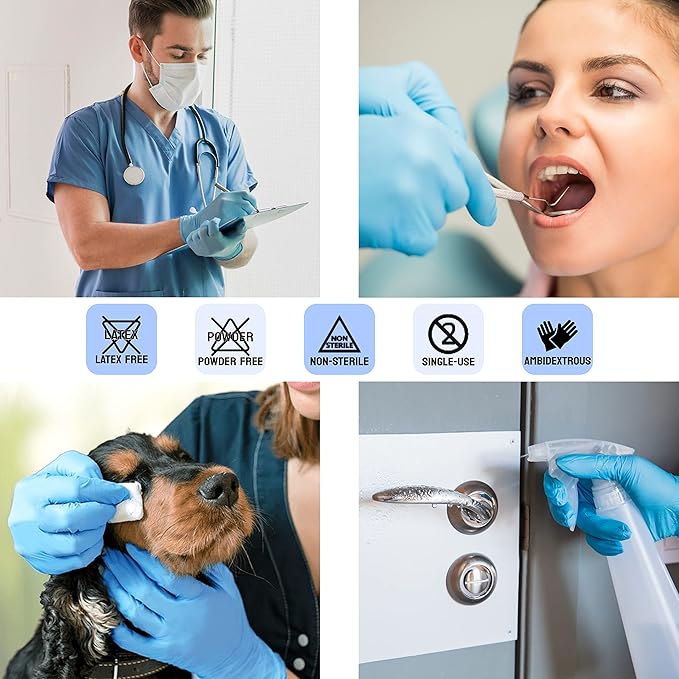Safe Health NITRO-V Nitrile-Vinyl Synthetic Exam Disposable Gloves, Latex Free, Powder Free, Blue, Box of 100, Small, Medical Grade, Clinic, Nursing, Food, Hair Salon, Cleaning, Housework