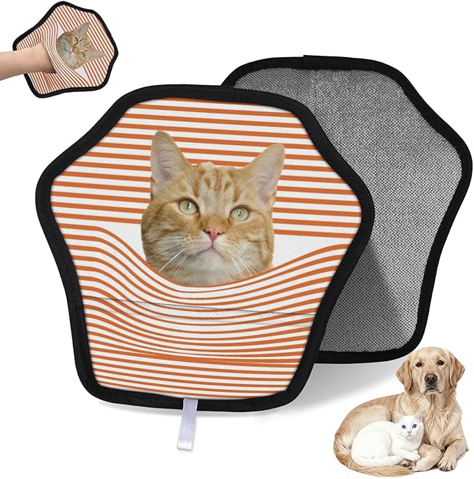 Personalized Pet Hair Remover Glove for Dogs & Cats - Custom Photo & Name Magic Brush for Dog Cat Hair Removal, Reusable Electrostatic Pet Hair Gloves for Furniture Carpet Couch, Orange Stripe
