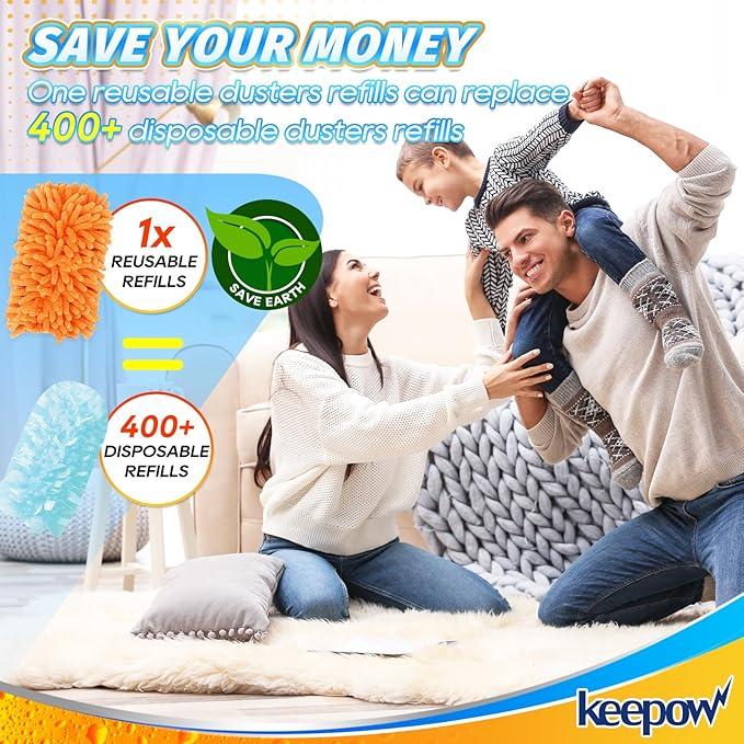 KEEPOW 8 Pack Reusable Duster Refill Compatible with Swiffer Hand Duster - 360 Heavy Duty Dusters Refills - Microfiber Ceiling Fan Duster Fit for Swiffer Dusters Extended Handle