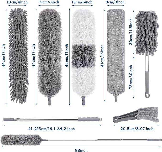 9PCS Dusters for Cleaning,Extendable Microfiber Duster with Extension Pole Up to 100'',Bendable Washable and Reusable Dusters Kit for Ceiling Fans, High Ceilings,Blinds,Furniture and Cars