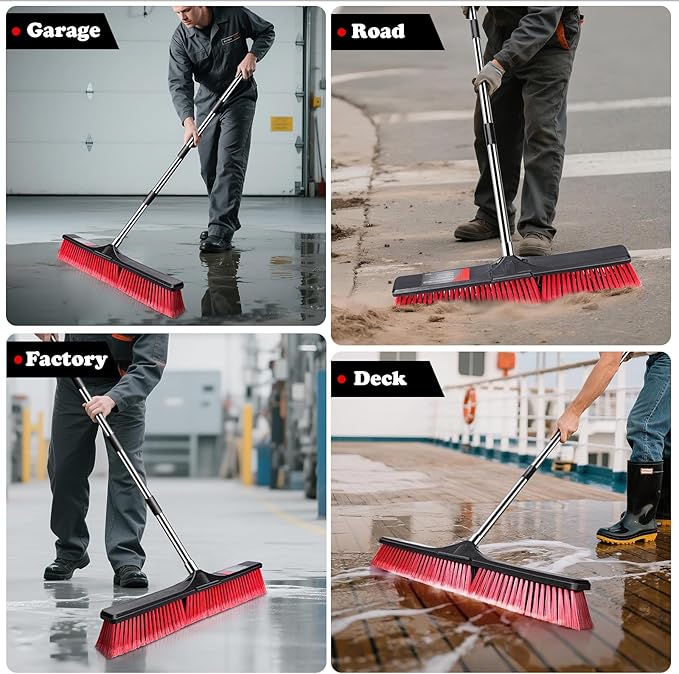 MASTERTOP 24" Push Broom Outdoor, Heavy Duty Garden Brush Broom with 58" Long Handle and Stiff Bristles,Commercial Outdoor Broom for Deck Driveway Garage Yard Patio Warehouse Concrete Floor Cleaning