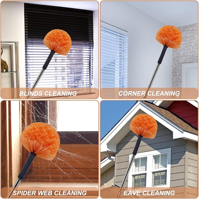 4 Pack OrangeTwist-On Cobweb Duster Head Brush // Spider Web Brush for Outdoor & Indoor Web Cleaning // Fits Standard Acme Threaded Poles // Brush Head Only