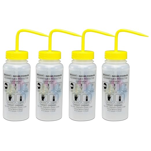 SP Bel-Art Safety-Labeled 4-Color Isopropanol Wide-Mouth Wash Bottles; 500ml (16oz), Polyethylene w/Yellow Polypropylene Cap (F11716-0008), Natural (Pack of 4)
