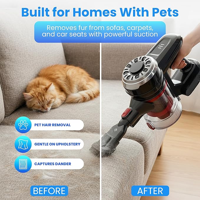 BARNMO Cordless Stick Vacuum, Red, 45 Min Runtime, LED Headlights, 2-Speed, Telescopic Tube with Main Vacuum Brush, Crevice Tool, dust Brush, Removable-Rechargeable Battery Pack with Charging Cord