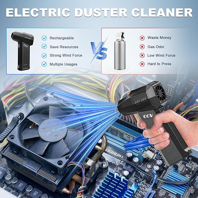 CCV Compressed Air Duster - 180000RPM Electric Air Duster for Cleaning Keyboard&PC 3 Gears Adjustable Rechargeable Cordless Jet Dry Blower Air Blower for Car and Home (Black)