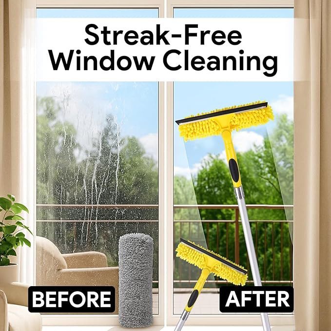 225'' Long Reach Window Squeegee with Telescoping Extension Pole, 2-in-1 Indoor/Outdoor Cleaning Tool with 270° Rotatable Head, Lightweight Alloy Aluminum Pole for Shower Door, Mirror, Car Windshield