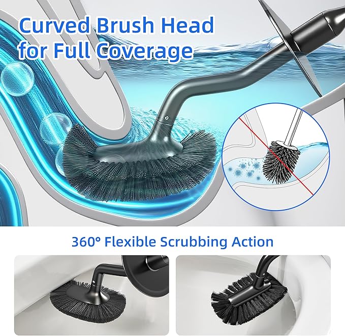 LZLOOK Toilet Brush and Holder Set with Pumice Stone – Long Handle Toilet Bowl Brush, Anti-Splash Scrubber, Ventilated Drip-Free Base, Deep Cleaner for Hard Water Stains, Limescale, Toilet Rings