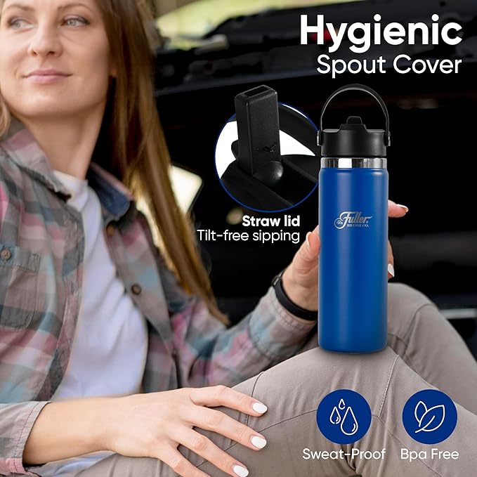 Fuller Stainless Steel Water Bottle with Straw Lid – BPA-Free, Sweat-Proof, Leak-Proof Travel Mug – Double Wall Insulated for Hot & Cold Drinks – Carry Handle (Mazarine Blue, 20 Oz.)