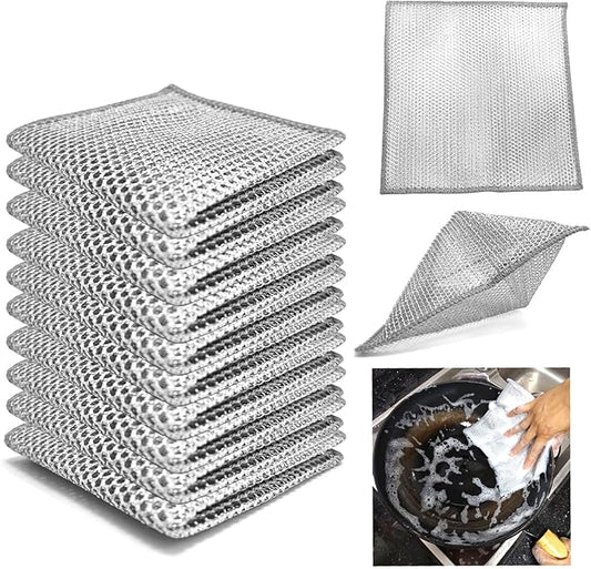 Double layer metal wire scratch free cloth, dry and wet dual-purpose metal wire dishwashing cloth, suitable for kitchen cleaning, cookware, tableware, sink, stove, etc., easy to rinse (10 pieces)