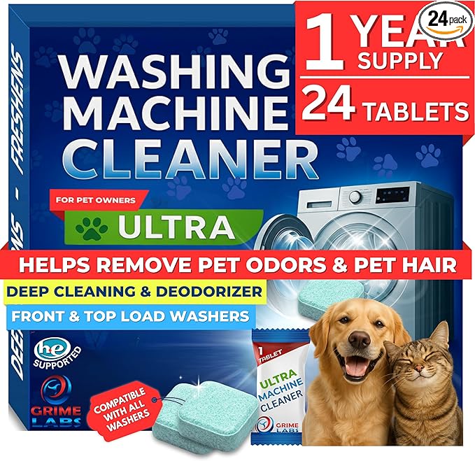 Washing Machine Cleaner Ultra – Pet Owners Edition | Deep Cleaning & Freshening | Removes Odors & Residue from Pet Laundry | Front & Top Load Washers HE Supported | 24 Tablets 1 Year Supply GRIME LABS