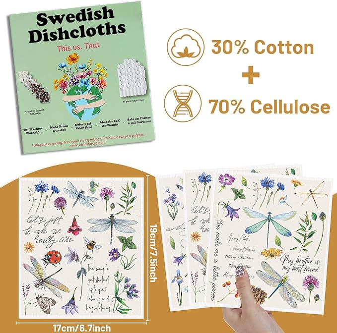Dragonfly Swedish Dishcloths for Kitchen, 6 Pack Vintage Wildflower Reusable Paper Hand Dishing Towels Housewarming Gifts, Absorbent Dish Rags Decoration for Home Cooking Cleaning