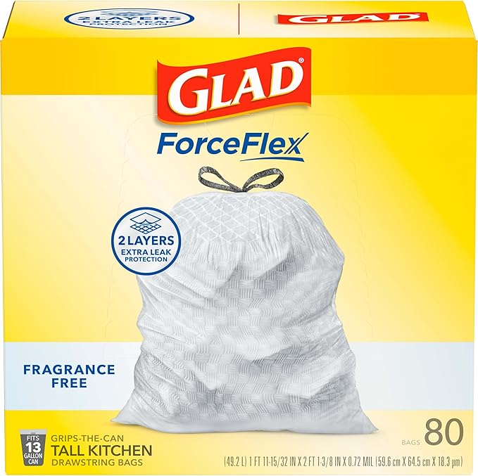 Glad Trash Bags, ForceFlex Tall Kitchen Drawstring Garbage Bags, 13 Gal, Fragrance Free, 80 Ct, Package May Vary| (Pack of 3)