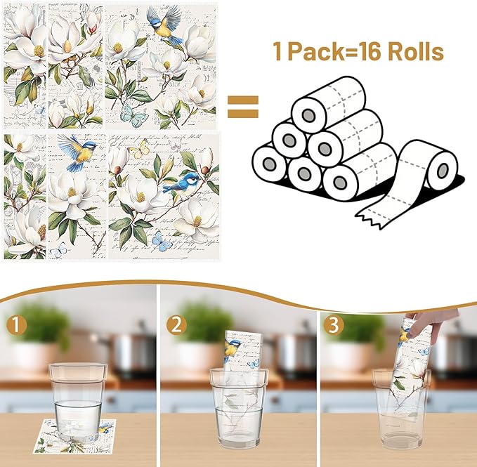 Floral and Birds Swedish Dishcloths for Kitchen, 6 Pack Vintage Flower Reusable Paper Hand Dishing Towels Housewarming Gifts, Absorbent Dish Rags Decoration for Home Cooking Cleaning