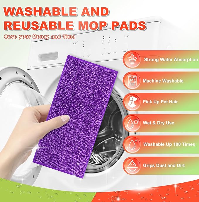 Reusable Mop Pad Compatible with Swiffer WetJet Mop, 4 Pack Wet Jet Refill Pads, Microfiber Mop Pad for Floor Mopping and Cleaning, Wet & Dry Use for Swiffer Wet Jet Pads, Green and Purple