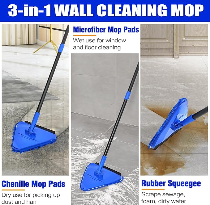 Dolanx Wall Mop Cleaner Long Handle 80 inches, 180° Folding Ceiling Washer Scrubber and Squeegee, Triangle Baseboard Cleaning Tool Duster with 6 Microfiber Chenille Pads for Painted Walls Window Floor