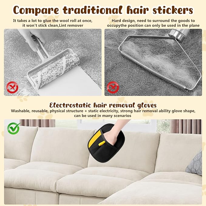 marveher Pet Hair Removal Gloves,Electrostatic Gloves Pet Hair, Efficient Grooming Glove for Cats Dogs, Reusable Pet Hair Removal Tool for Couch, Furniture, Carpet, Curtain (3)