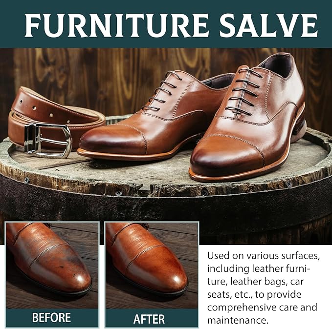 Leather & Furniture Repair Salve with Brush - Wood & Leather Polish, Conditioner & Cleaner for Couches, Chairs, Tables - Restorer & Moisturizer, Household Upholstery Maintenance Kit, 4oz