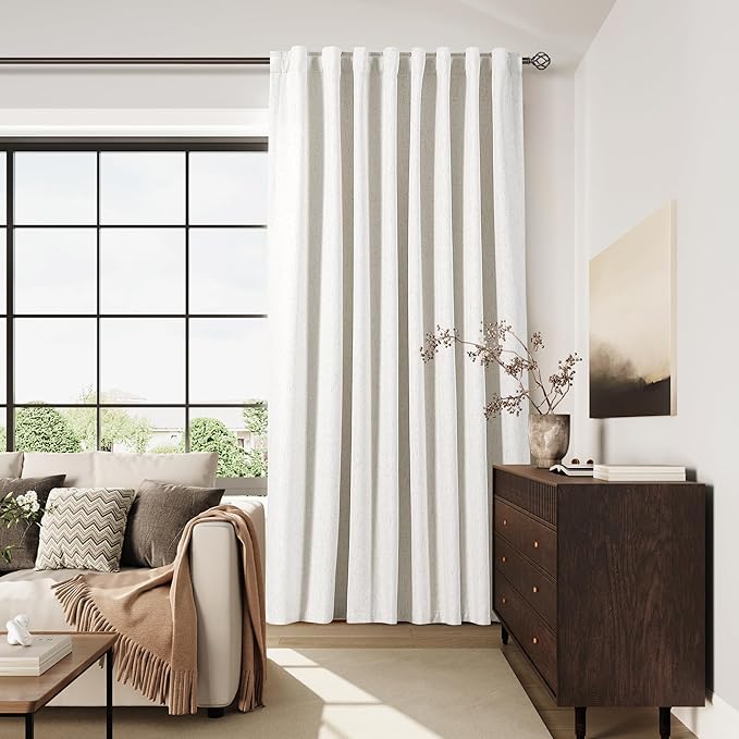 100% Blackout Linen Curtains 90 inch Length 1 Panel for Living Room Loop Pocket Pinch Pleated Black Out Drapes Cream Colored Heat Reducing Total Blackout Window Curtains for Bedroom 70x90