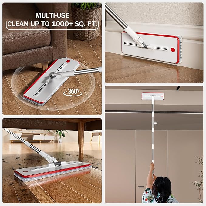 Mop and Bucket Set, Flat Mop and Bucket System with Separate Dirty and Clean Water, 3-Compartment Wall Cleaner Mop, Flat Mops for Floor Cleaning with 4 Microfiber Pads