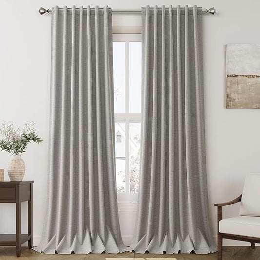 Silver Linen Curtains for Bedroom Black Out 96 Inch Long Full Blackout Back Tab Rod Pocket Curtains for Living Room Neutral Rustic Style Insulated Light Blocking Drapes 96 Inches Long 2 Panels 8 Ft