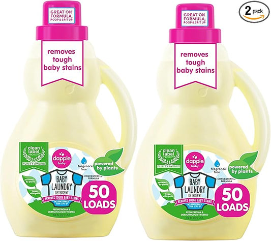 Dapple Baby Laundry Detergent, Plant Powered, Hypoallergenic, Fragrance Free, Concentrated, 50 fl oz (Pack of 2)