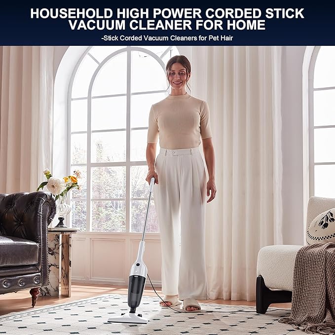 FUNCCUBE Stick Vacuum Cleaner, Corded 2-in-1 Lightweight Vacuum with Powerful Suction, Washable HEPA Filter, Handheld & Upright for Pet Hair, Carpet, Hardwood Floor & Home Cleaning – White MC607C