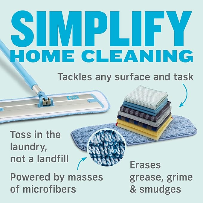 E-Cloth 10-pc Home Cleaning Combo Set, Microfiber Cleaning Supplies Includes Reusable Microfiber Cleaning Cloth and Mop for Floor Cleaning, Washable and Reusable, 100 Wash Promise