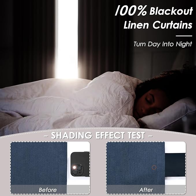 Full Black Out Vintage Blue Window Curtains Panels 102 Inches Long 2 Panels Set for Living Room Cotton Textured Long Blackout Curtain with Backing Thermal Insulated Drapes for Nursery Bedroom 52x102