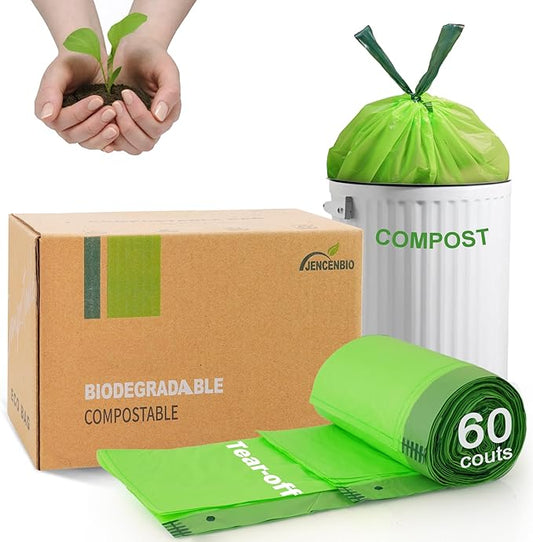 JENCENBIO Compost Bags 5 Gallon with Drawstring Tear Off 20 Liter Extra Thick 0.78 Mils Compostable Food Scrap Waste Bags with US BPI ASTM D6400 and Europe OK Compost Home Certified 60 Counts