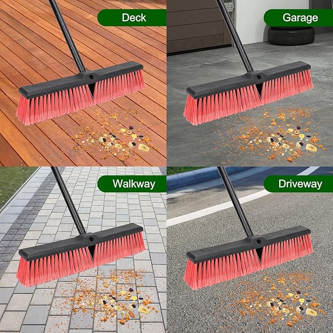 18 Inches Push Broom Outdoor- Heavy Duty Commercial Broom with 64.5" Long Handle and Stiff Bristles for Patio Garage Deck Concrete Wood Stone Tile Driveway Yard Warehouse Shop Floor Cleaning