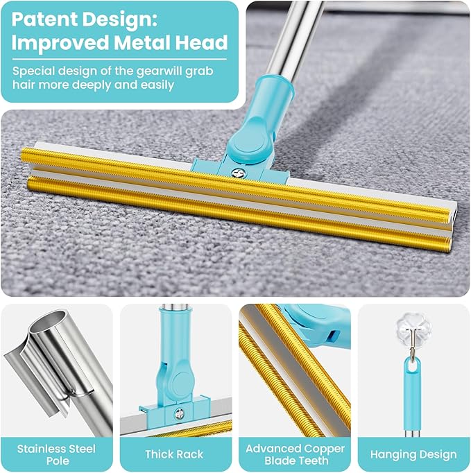Bolfie 3 in 1 Carpet Rake for Pet Hair Removal, Tool Set of 3, 55” Long Handle Carpet Pet Hair Removal Carpet Scraper Dog Cat Hair Remover for Sofa, Couch, Car, Rug