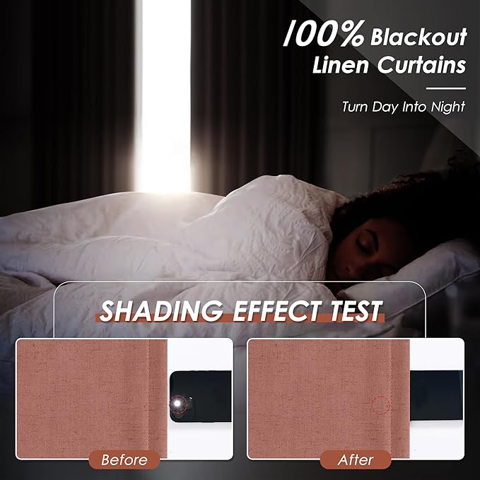 100% Blackout Linen Curtains 108 Inch Length 2 Panels Canyon Rose Drapes Loop Pocket Rod Pocket Flax Linen Drapes Thermal Insulated Total Blocking Curtains for Dining Room High Ceiling 52X108